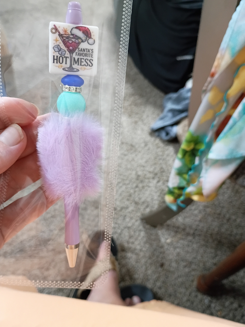 Handcrafted Purple Fuzzy Pen with Bead Charm